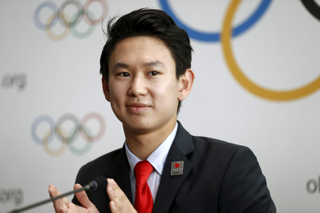Denis Ten of Kazakhstan, bronze medalist in men's singles figure skating of the 2014 Winter Olympics in Sochi, attends a n...