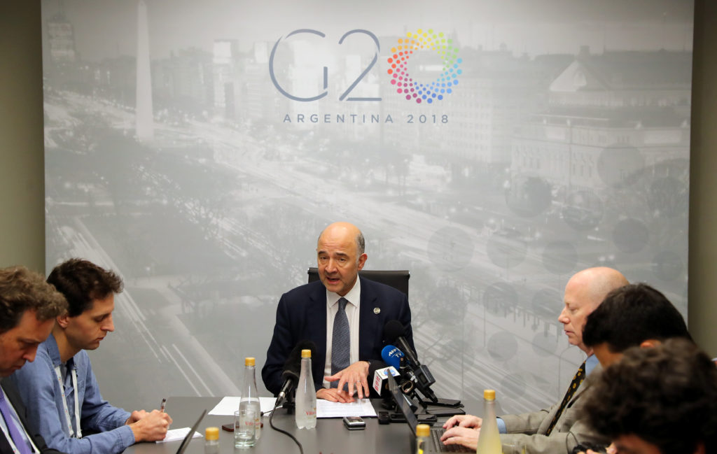 European Commissioner for Economic and Financial Affairs Moscovici speaks during a news conference at the G20 Meeting of F...