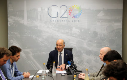 European Commissioner for Economic and Financial Affairs Moscovici speaks during a news conference at the G20 Meeting of Finance Ministers in Buenos Aires