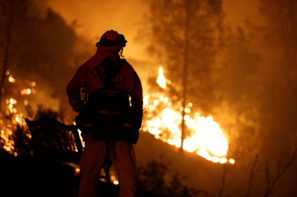 A firefighter watches flames advance up a hill towards homes as crews battle the Carr Fire, west of Redding, California. Photo by Fred Greaves/Reuters