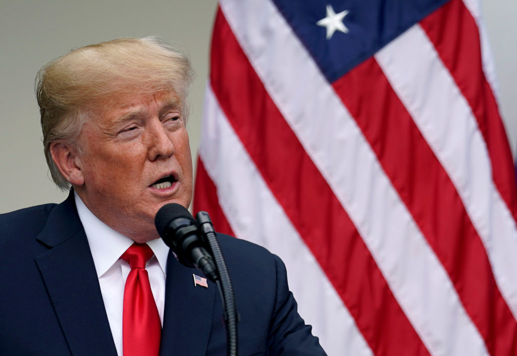 U.S. President Donald Trump speaks about trade relations with President of the European Commission Jean-Claude Juncker in ...