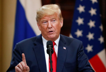 President Donald Trump speaks during a joint news conference with Russian President Vladimir Putin (not pictured) after their meeting in Helsinki, Finland. Photo by Grigory Dukor/Reuters