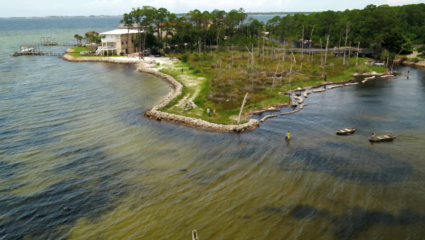 Homeowners are using marsh seedlings and bags of oyster shells to create "living shorelines," a natural alternative to seawalls--and one that reduces coastal erosion as climate change causes sea levels to rise. Photo by NewsHour Weekend