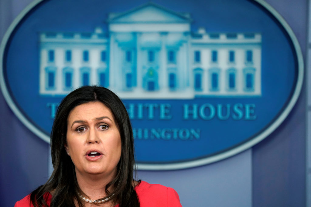 White House Press Secretary Sarah Sanders speaks during a press briefing at the White House in Washington, U.S., July 18, ...