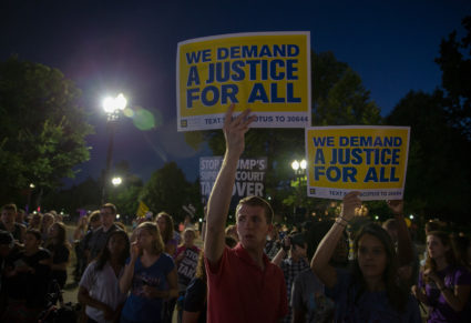 Protesters demonstrate in front of the U.S. Supreme Court on July 9, 2018 in Washington, DC. President Donald Trump just announced his Supreme Court nominee Judge Brett Kavanaugh monday night. (Photo by Tasos Katopodis/Getty Images)
