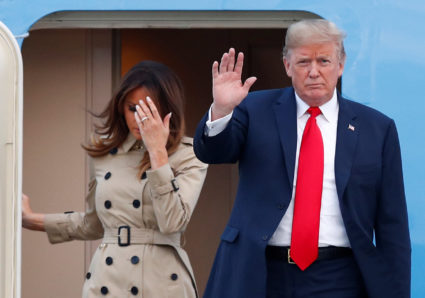 President Donald Trump and first lady Melania Trump arrive aboard Air Force One ahead of the NATO Summit, at Brussels Military Airport in Melsbroek, Belgium July 10, 2018. REUTERS/Francois Lenoir