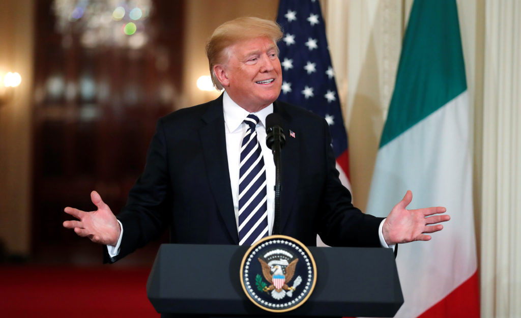 President Donald Trump speaks during a joint news conference with Italy's Prime Minister Giuseppe Conte in the East Room o...