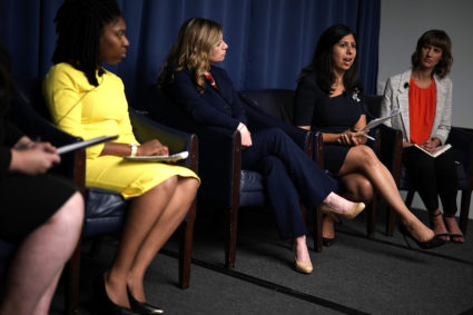 WASHINGTON, DC - JULY 24: (L-R) Michigan State House candidate Myya Jones, Pennsylvania State Senate candidate Katie Muth, Florida State House candidate Anna Eskamani, and Ohio State House candidate Rachel Crooks participate in a discussion hosted by People For the American Way's Next Up Victory Fund July 24, 2018 at the National Press Club in Washington, DC. Young progressive female candidates from battleground states, including Crooks who has publicly accused Donald Trump of sexual assault, and other survivors of sexual assault and harassment, gathered to discuss the power of the #MeToo movement in the 2018 elections. (Photo by Alex Wong/Getty Images)