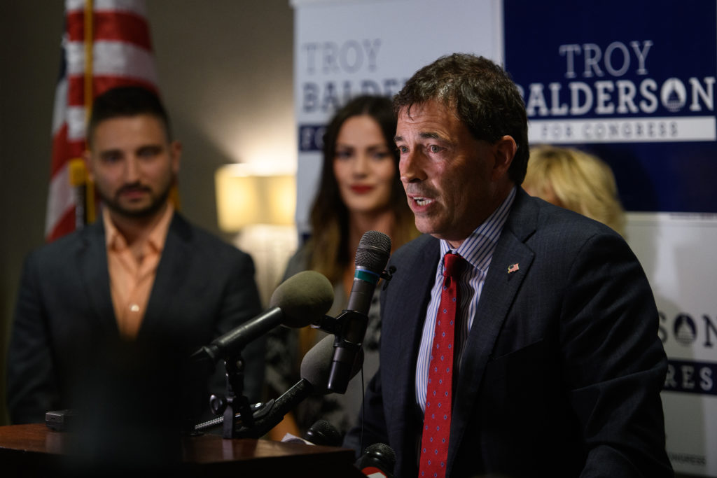 NEWARK, OH - AUGUST 07: Republican congressional candidate Troy Balderson gives his victory speech at his election night p...