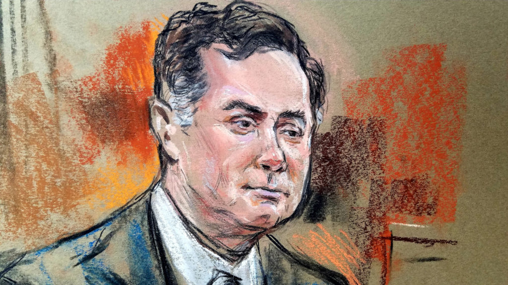 Former Trump campaign manager Paul Manafort is shown in a court room sketch, during a testimony of a longtime business ass...