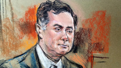 Former Trump campaign manager Paul Manafort is shown in a court room sketch, during a testimony of a longtime business associate Rick Gates (not shown), on the fifth day of his trial, on bank and tax fraud charges stemming from Special Counsel Robert Mueller's investigation into Russian meddling in the 2016 U.S. presidential election, in federal court in Alexandria, Virginia, U.S., August 6, 2018. Judge T.S. Ellis (rear C) looks on. REUTERS/Bill Hennessy