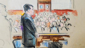 Former Trump campaign manager Paul Manafort stands in a court room sketch, on the opening day of his trial on bank and tax fraud charges stemming from Special Counsel Robert Mueller's investigation into Russian meddling in the 2016 U.S. presidential election, in Alexandria, Virginia, U.S. July 31, 2018. Photo by REUTERS/Bill Hennessy
