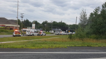 Emergency vehicles are seen at the Brookside Drive area in Fredericton, Canada on Aug. 10 in this picture obtained from social media. Photo by Kev Bourque/via Reuters
