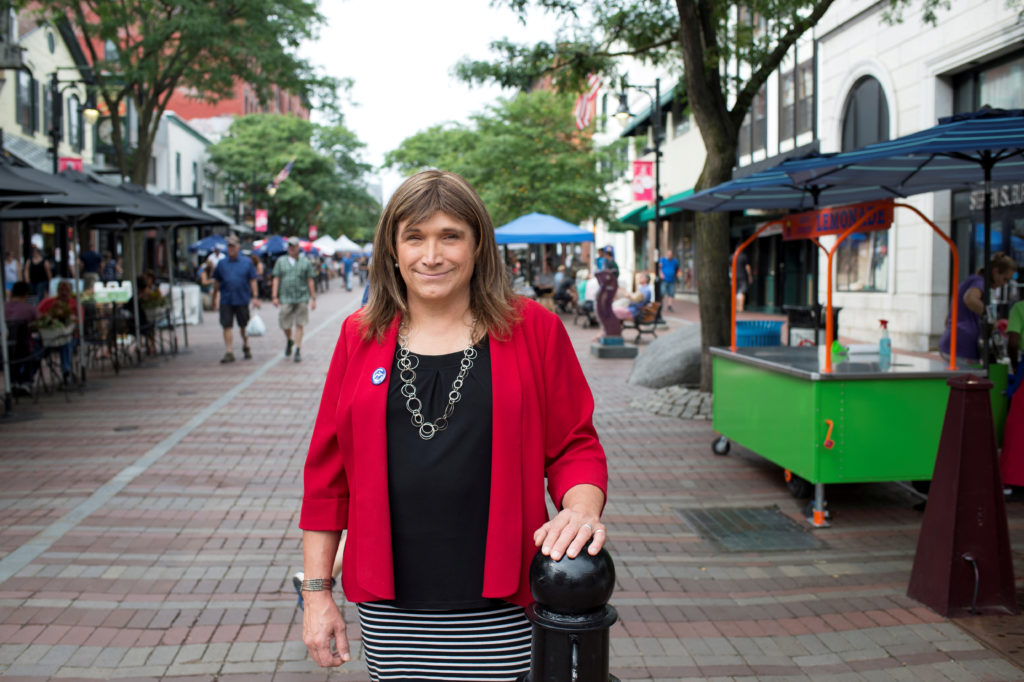 Vermont Democratic Party gubernatorial primary candidate Christine Hallquist, a transgender woman, poses as she campaigns ...