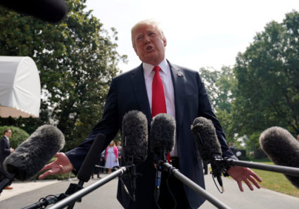 President Donald Trump speaks to reporters upon his departure from the White House in Washington, D.C. Photo by Kevin Lamarque/Reuters
