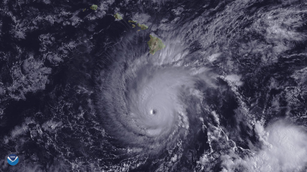 Hurricane Lane, with a well-defined eye, is shown positioned about 300 miles south of Hawaii's Big Island at 2 p.m. ET on ...