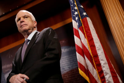 Sen. John McCain (R-Ariz.) looks on during a press conference about his resistance to the so-called "Skinny Repeal" of the Affordable Care Act on Capitol Hill in Washington, D.C. Photo by Aaron P. Bernstein/Reuters