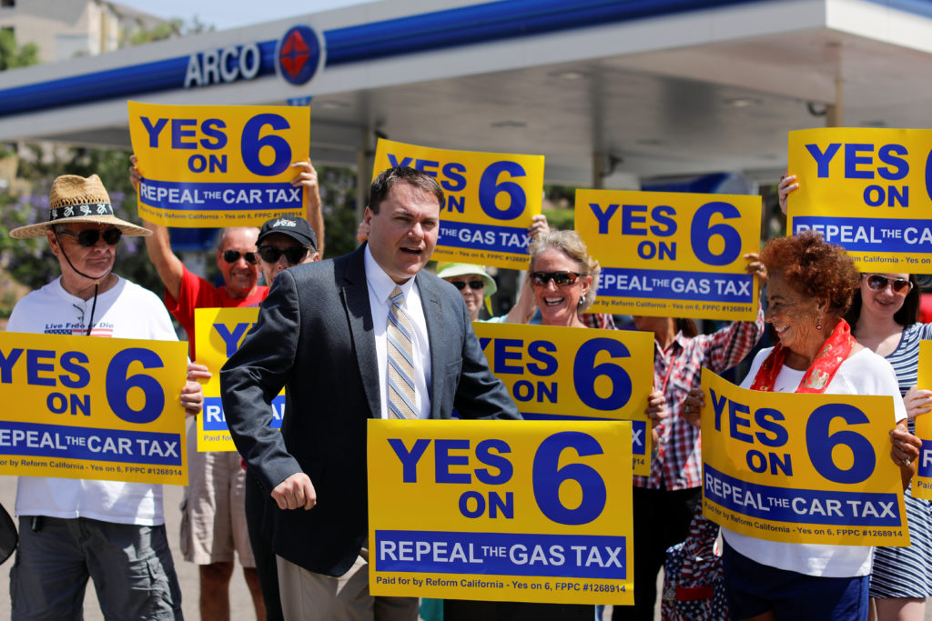 Gas tax organizer Carl DeMaio speaks on California Proposition 6, a growing movement to repeal a state gas tax, during a m...