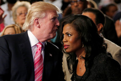 Donald Trump and Omarosa Manigault attend a church service, in Detroit, Michigan, Sept. 3 2016. Photo by Carlo Allegri/Reuters
