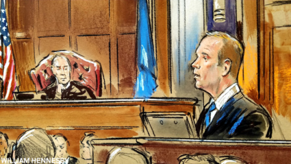 Rick Gates testifies Aug. 7 during Paul Manafort's trial in Virginia. Courtroom illustration courtesy of Bill Hennessy.