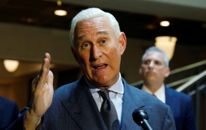 FILE PHOTO: U.S. political consultant Roger Stone, a longtime ally of President Donald Trump, speaks to reporters after appearing before a closed House Intelligence Committee hearing investigating Russian interference in the 2016 U.S. presidential election at the U.S. Capitol in Washington, U.S., September 26, 2017. REUTERS/Kevin LamarqueREUTERS/ /File Photo - RC1DD778C100