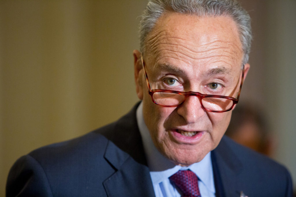 Senate Democratic Leader Chuck Schumer (D-NY) speaks to Capitol Hill reporters following the Democrats' weekly policy lunc...