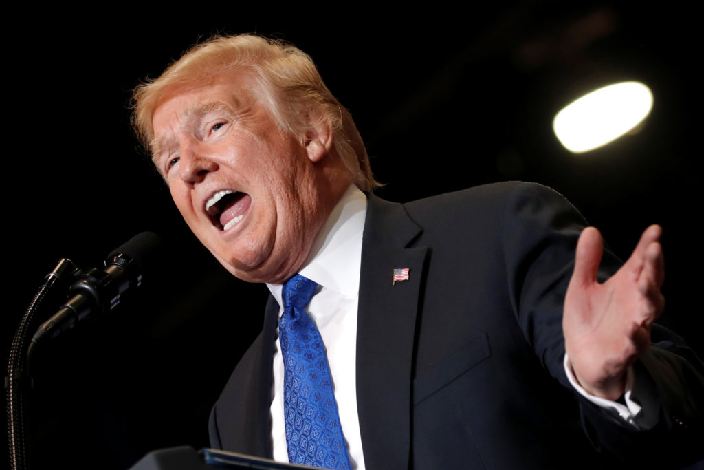 U.S. President Donald Trump speaks at a campaign rally in Las Vegas, Nevada, U.S., September 20, 2018. Photo by Mike Segar...