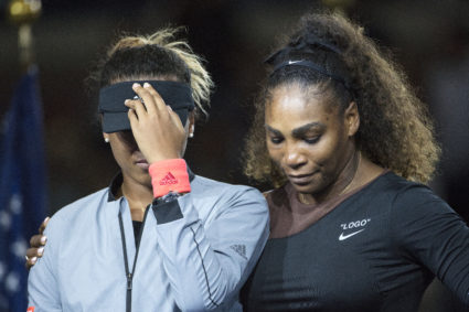Serena Williams of the United States embrace Naomi Osaka of Japan as she cries at the presentations after the controversial Women's Singles Final on Arthur Ashe Stadium at the 2018 U.S. Open Tennis Tournament in Flushing, Queens, New York City. Photo by Tim Clayton/Corbis via Getty Images