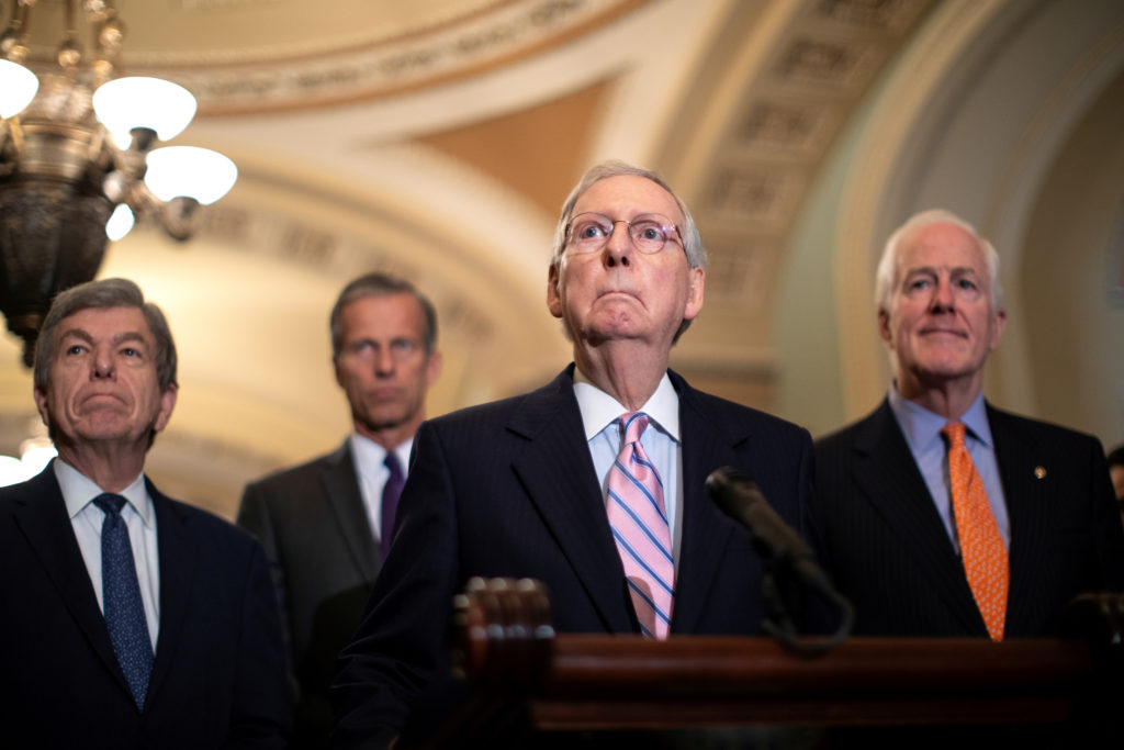 U.S. Senate Majority Leader Mitch McConnell (R-KY) speaks to reporters about the Supreme Court nomination of Judge Brett K...