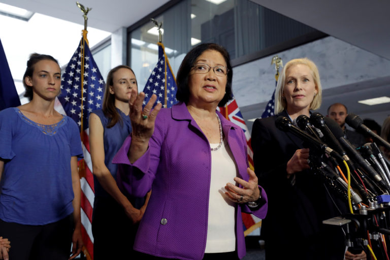 U.S. Senator Mazie Hirono (D-HI) speaks at a news conference with Senator Kirsten Gillibrand (D-NY) as they stand with Holton-Arms alumnae Kate Gold (L), Sarah Burgess and others to release a letter from more than a thousand graduates of the school that Dr. Christine Blasey Ford attended voicing their belief in and support of Ford's accusations against President Donald Trump's U.S. Supreme Court nominee Brett Kavanaugh on Capitol Hill in Washington, U.S., September 20, 2018. Photo by Yuri Gripas/Reuters