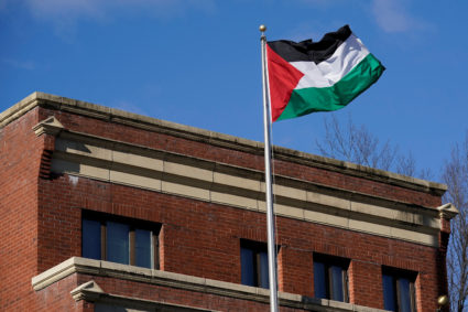 Palestinian flag waves at Palestine Liberation Organization office in Washington, D.C. Photo by Yuri Gripas/Reuters
