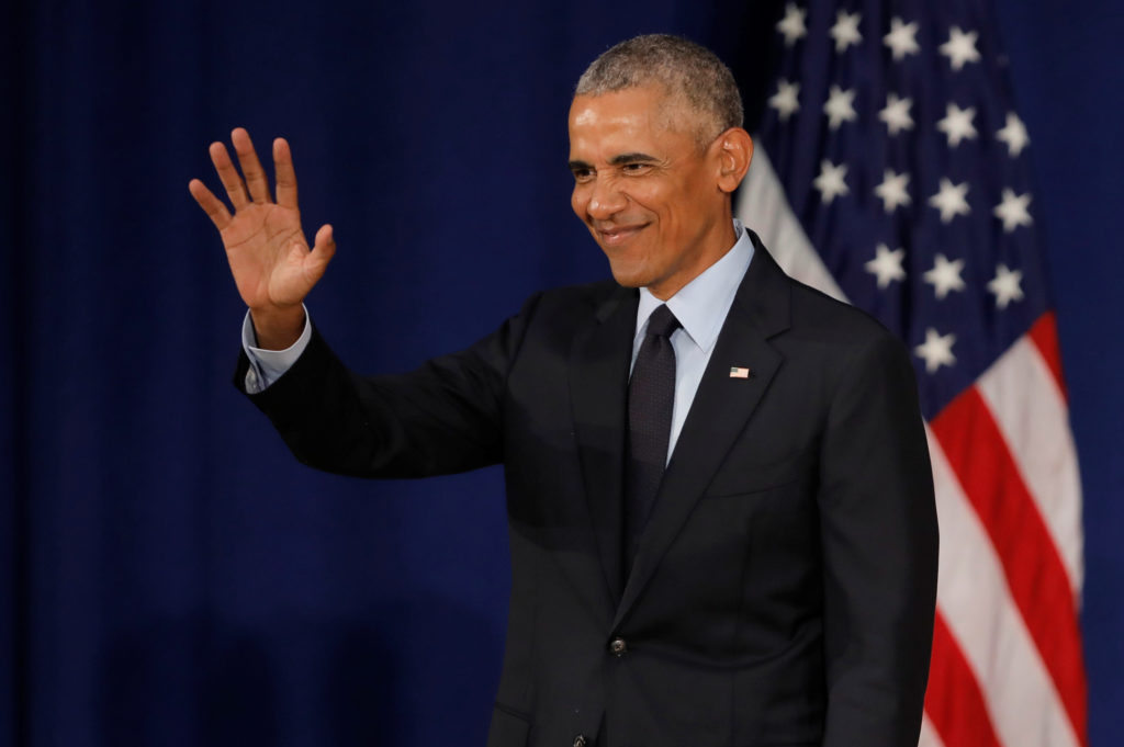 Former U.S. President Barack Obama speaks at the University of Illinois Urbana-Champaign in Urbana, Illinois, U.S., Septem...