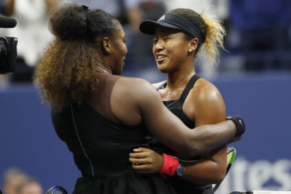 New York, NY, USA; Naomi Osaka of Japan (R) hugs Serena Williams of the United States (L) after their match in the women's final on day thirteen of the 2018 U.S. Open tennis tournament at USTA Billie Jean King National Tennis Center. Photo by Geoff Burke/USA Today Sports