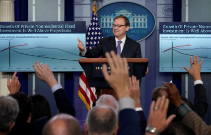 Trump economic adviser Kevin Hassett speaks during a press briefing at the White House in Washington, U.S., September 10, 2018. REUTERS/Kevin Lamarque