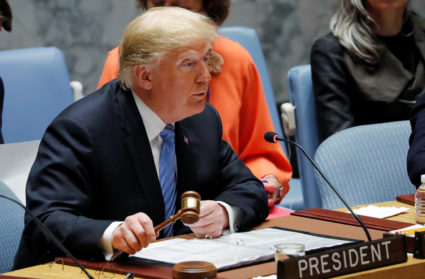U.S. President Donald Trump, representing the United States as current President of the United Nations Security Council, bangs the gavel to open the U.N. Security Council meeting at the 73rd session of the United Nations General Assembly at U.N. headquarters in New York, U.S., September 26, 2018. REUTERS/Carlos Barria - RC1B9D5F7F60