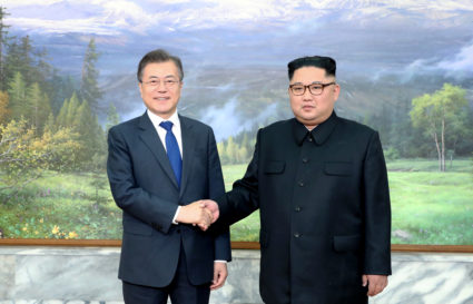 South Korean President Moon Jae-in met for a second time with North Korean leader Kim Jong Un in the border area of Panmunjom on May 26, 2018. Handout photo from the Presidential Blue House via Reuters