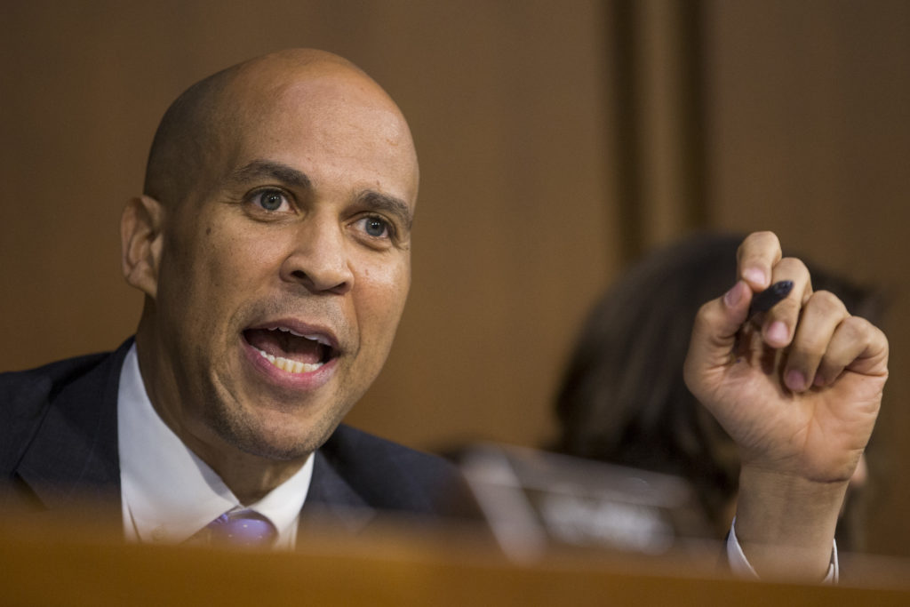 WASHINGTON, DC - SEPTEMBER 05: Sen. Cory Booker (D-NJ) speaks during the second day of Supreme Court Nominee Brett Kavanaugh's confirmation hearing on Capitol Hill September 5, 2018 in Washington, DC. Kavanaugh was nominated by President Donald Trump to fill the vacancy on the court left by retiring Associate Justice Anthony Kennedy. (Photo by Zach Gibson/Getty Images)