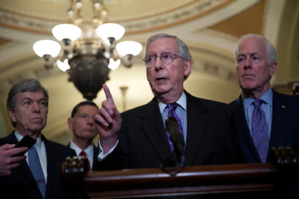 Senate Majority Leader Mitch McConnell (R-Ky.) speaks beside Senators Roy Blunt (R-Mo.), John Barrasso (R-Wy.), and John Cornyn (R-Texas) during a news conference following the Republican weekly policy lunch on Capitol Hill in Washington, D.C. Photo by Al Drago/Reuters