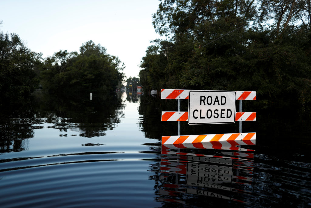State Road 76 is blocked by flood waters in the aftermath of Hurricane Florence in Fair Bluff, North Carolina, U.S. Septem...