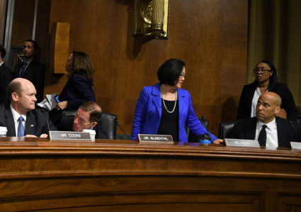 Democrat Senators Kamala Harris (D-CA) and Mazie Hirono (D-HI) walk out of the Senate Judiciary Committee meeting to vote on the nomination of Brett M. Kavanaugh to be an associate justice of the Supreme Court of the United States, in Washington, U.S., September 28, 2018. REUTERS/Mary F. Calvert