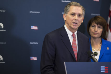 Representative French Hill, a Republican from Arkansas, left, speaks during a July news conference on Capitol Hill in Washington, D.C. Photo by Zach Gibson/Bloomberg via Getty Images