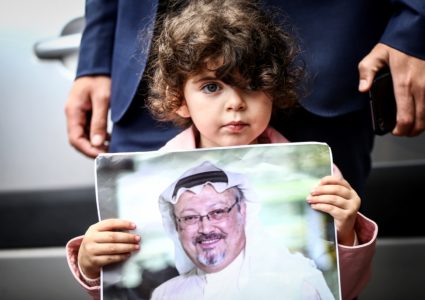 Representatives of NGOs stage a demonstration on the disappearance of Prominent Saudi journalist Jamal Khashoggi in front of the Consulate General of Saudi Arabia in Istanbul, Turkey on October 08, 2018. Photo by Ahmet Bolat/Anadolu Agency/Getty Images