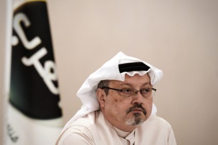 A general manager of Alarab TV, Jamal Khashoggi, looks on during a press conference in the Bahraini capital Manama, on December 15, 2014. The pan-Arab satellite news broadcaster owned by billionaire Saudi businessman Alwaleed bin Talal will go on air February 1, promising to "break the mould" in a crowded field. Photo by MOHAMMED AL-SHAIKH (Photo credit should read MOHAMMED AL-SHAIKH/AFP/Getty Images)