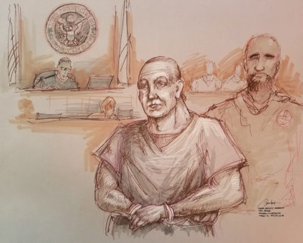 Cesar Altieri Sayoc, accused of mailing 14 pipe bombs to prominent critics of President Donald Trump, appears handcuffed in federal court to answer charges against him in an artist's sketch in Miami, Florida. Photo by Daniel Pontet/Reuters
