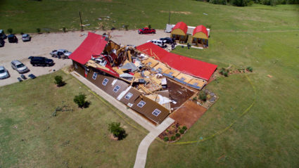The Rustic Barn, an event hall, which suffered major tornado damage in 2017, is seen from an unmanned aerial vehicle in Canton, Texas. Photo by Brandon Wade/Reuters