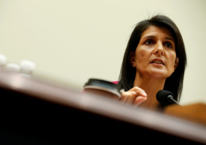 U.S. Ambassador to the United Nations Nikki Haley testifies to the House Foreign Affairs Committee on "Advancing U.S. Interests at the United Nations" in Washington, D.C. Photo by Joshua Roberts/Reuters