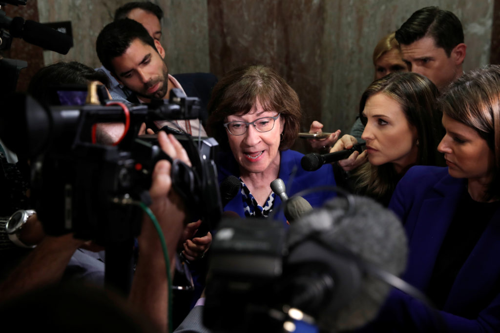 Senator Susan Collins (R-Maine), talks to reporters about the Supreme Court nomination of federal appeals court judge Bret...