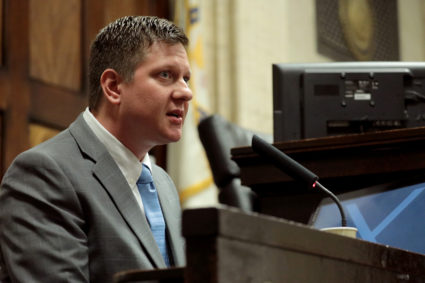 Chicago police Officer Jason Van Dyke takes the stand in his murder trial for the shooting death of Laquan McDonald at the Leighton Criminal Court Building in Chicago, Illinois. Photo by Antonio Perez/Reuters