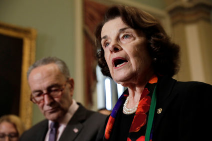 U.S. Senator and Senate Judiciary Committee ranking member Dianne Feinstein (D-CA) and Senate Minority Leader Chuck Schumer (D-NY) speak to reporters about the FBI's investigation of sexual assault allegations surrounding U.S. Supreme Court nominee Brett Kavanaugh on Capitol Hill in Washington, U.S., October 4, 2018. REUTERS/Yuri Gripas - RC19A71A41C0