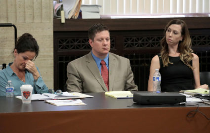 Police Officer Jason Van Dyke flanked by his attorneys Tammy Wendt and Elizabeth Fleming listen to closing statements at his trial for the shooting death of Laquan McDonald. Photo by Antonio Perez/Chicago Tribune/Pool via REUTERS